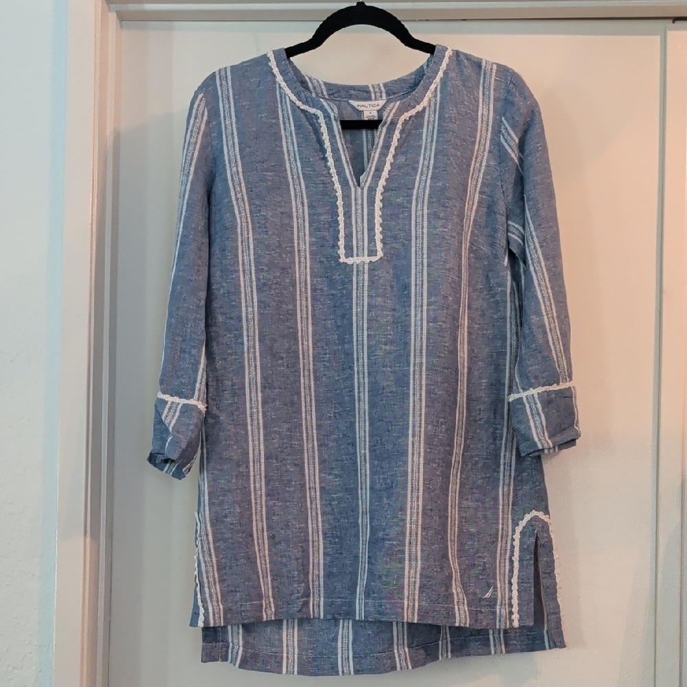 Nautica Blue and White Striped Linen Blend Tunic